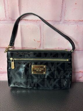 Michael Kors Black Patent Monogram Wristlet with Gold Hardware